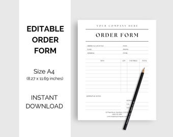 May include: A white order form with a black pencil, featuring fields for order details. The form is A4 size, measuring 8.27 x 11.69 inches. Text on the form includes "Order Form" and "Instant Download."