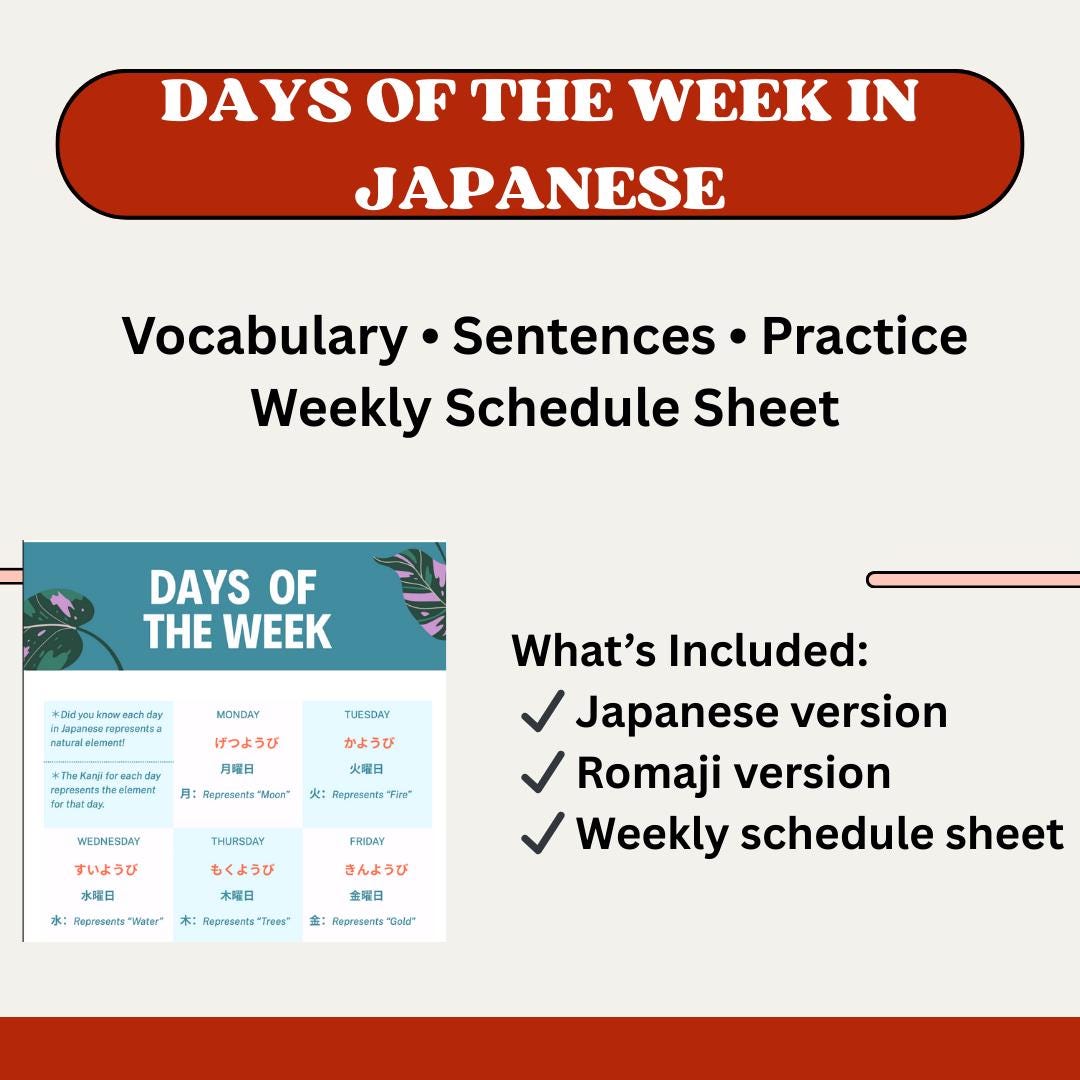 Japanese Week Days of the Week in Japanese | Vocabulary & Practice + Weekly Schedule ...