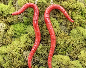 Earthworm Earrings, Handmade Polymer Clay Worm Sculptures with Sterling Silver Hooks