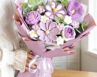 Bouquet au crochet – Fleur de Kosmos, Tulipe et Rose – Déco maison – Cadeau diplôme, mariage,cadeau maitresse – Fait main