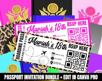 Passport Birthday Invitation Bundle, Travel Theme (Canva Pro Template)