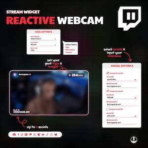 May include: A digital graphic for a "Reactive Webcam" stream widget. The design includes settings for goal types, social media integration, and a live webcam display with the username "kurogane x1". The graphic is set against a dark background with white and pink accents.