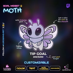 May include: A digital graphic featuring a cartoon moth with purple wings and large eyes. The text reads "GOAL WIDGET MOTH" at the top, with "TIP GOAL 200/$200" below the moth. Additional text includes "CUSTOMIZABLE", "COLOR", "TEXT", "AUTO INCREASE", and "COMMANDS".