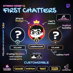 Könnte beinhalten: Digitales Grafikdesign für ein Stream-Widget mit dem Titel "First Chatters". Das Design zeigt einen zentralen Benutzer-Avatar, Fragezeichen-Symbole und Textfelder. Es beinhaltet Optionen für benutzerdefinierten Text, Tonwarnungen und Farbanpassung. Der Hintergrund ist dunkel und leuchtend.
