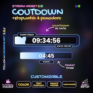 Countdown-widget voor Twitch & Kick | Evenement, Pomodoro, Starten, Stopwatch | Streamelements en Streamlabs