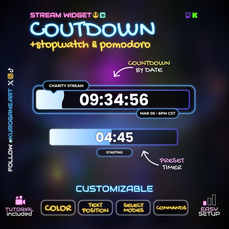 Countdown Timer & Stopwatch Widget - Triggered with Chat Commands - Twitch and Kick - Instant Download image 1