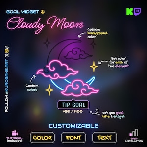 Könnte beinhalten: Eine Grafik im Neon-Stil mit dem Text "Cloudy Moon" und einem Mond- und Wolken-Design. Die Grafik enthält die Wörter "Anpassbar", "Farbe", "Schriftart" und "Text". Das Bild enthält auch den Text "Tip Goal" und "Tutorial enthalten".