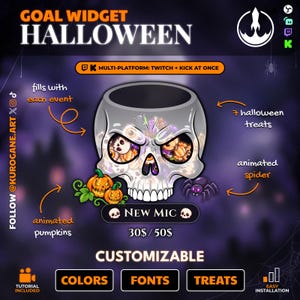 May include: A digital goal widget for streaming featuring a skull-shaped container that fills with Halloween treats. The graphic includes animated pumpkins, a spider, and text reading GOAL WIDGET HALLOWEEN, NEW MIC, and 30$ / 50$. It is customizable for colors, fonts, and treats.