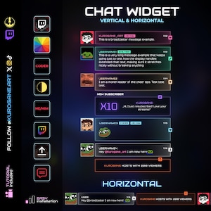 May include: A digital graphic showcasing a chat widget design, labeled "CHAT WIDGET" with vertical and horizontal layouts. The design includes example chat messages, usernames, and a "Tutorial Included" section. The color scheme is dark with neon accents.