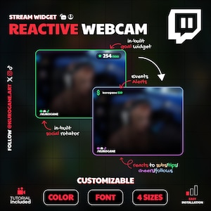 Peut inclure: Graphique numérique pour un widget de flux "Reactive Webcam". Le design présente deux cadres de webcam avec des widgets de but et de rotation sociale intégrés. Le texte comprend "PERSONNALISABLE", "COULEUR", "POLICE", "4 TAILLES" et "INSTALLATION FACILE".