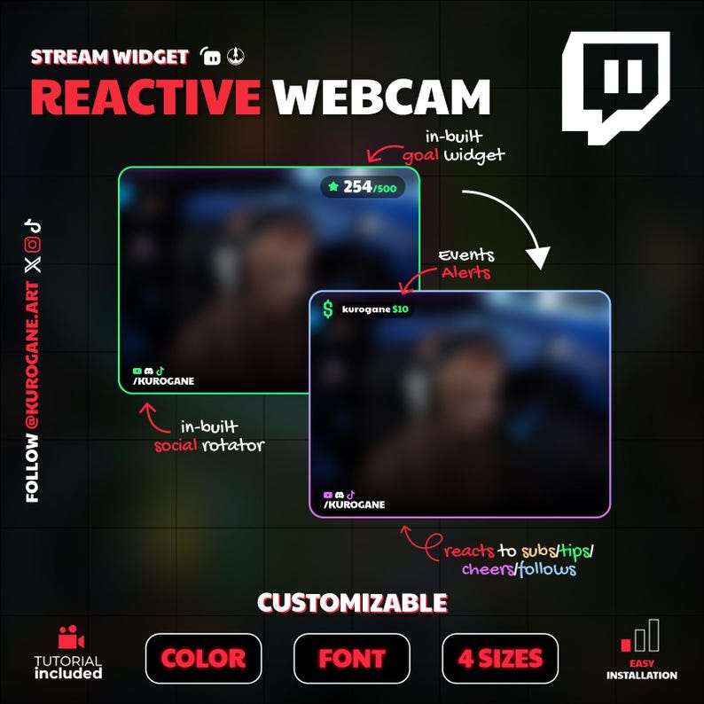 May include: A digital graphic promoting a "Reactive Webcam" stream widget. The design features two webcam frames with built-in goal and social rotator widgets. Text includes "CUSTOMIZABLE", "COLOR", "FONT", "4 SIZES", and "EASY INSTALLATION".