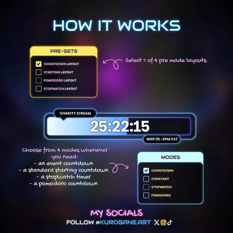 May include: Graphic explaining a countdown timer's functionality. It displays a timer showing 25:22:15, with options for various modes and pre-set layouts. Text includes "How it Works," "Pre-Sets," and "Modes."