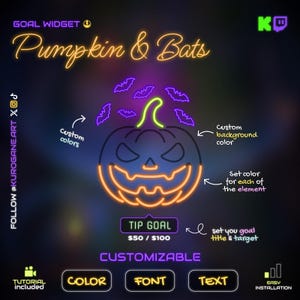 Op de afbeelding: Neon-stijl grafiek met een pompoen en vleermuizen, getiteld "Pumpkin & Bats". Beschikt over aanpasbare elementen, waaronder kleuren, lettertype en tekst. Bevat een tipdoelgedeelte en pictogrammen voor tutorial, kleur, lettertype, tekst en eenvoudige installatie.