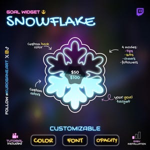 May include: A digital graphic for a "GOAL WIDGET" with a snowflake design. The text "SNOWFLAKE" is in neon blue. The widget is customizable with options for color, font, and opacity. It includes modes for tips, subs, cheers, and followers.
