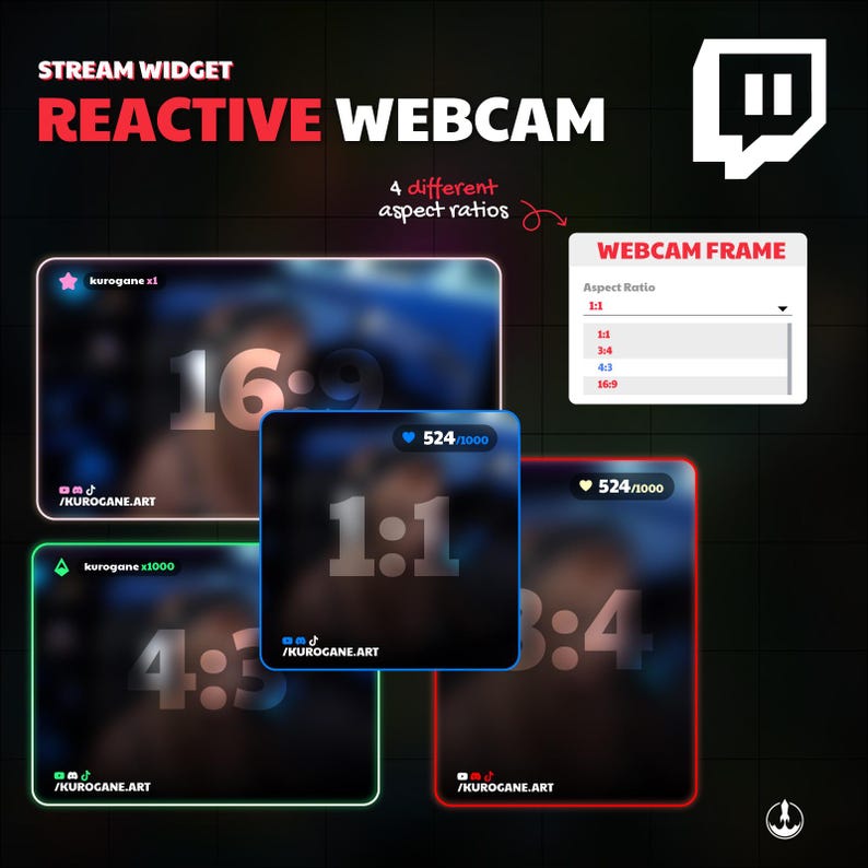 May include: A graphic promoting a "Reactive Webcam" stream widget. It showcases four different aspect ratios: 16:9, 1:1, 4:3, and 3:4, each with a glowing border. The image includes the text "STREAM WIDGET" and "REACTIVE WEBCAM".
