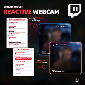 May include: A digital graphic promoting a "Reactive Webcam" stream widget. The image features settings for default frames and alerts, with examples of frame styles and color gradients. Includes social media icons and text.