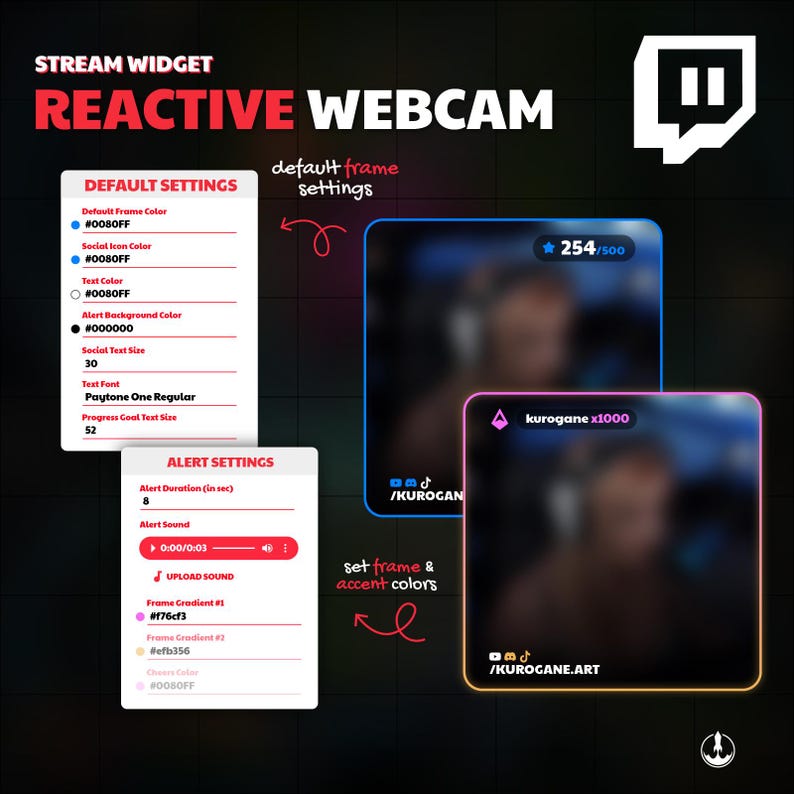 May include: A digital graphic promoting a "Reactive Webcam" stream widget. The image features settings for default frames and alerts, with examples of frame styles and color gradients. Includes social media icons and text.