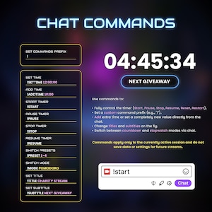 May include: A digital graphic with the text "CHAT COMMANDS" in neon blue. The image displays a timer showing 04:45:34, along with commands like !start, !pause, and !stop. It also includes instructions for use and a "NEXT GIVEAWAY" button.