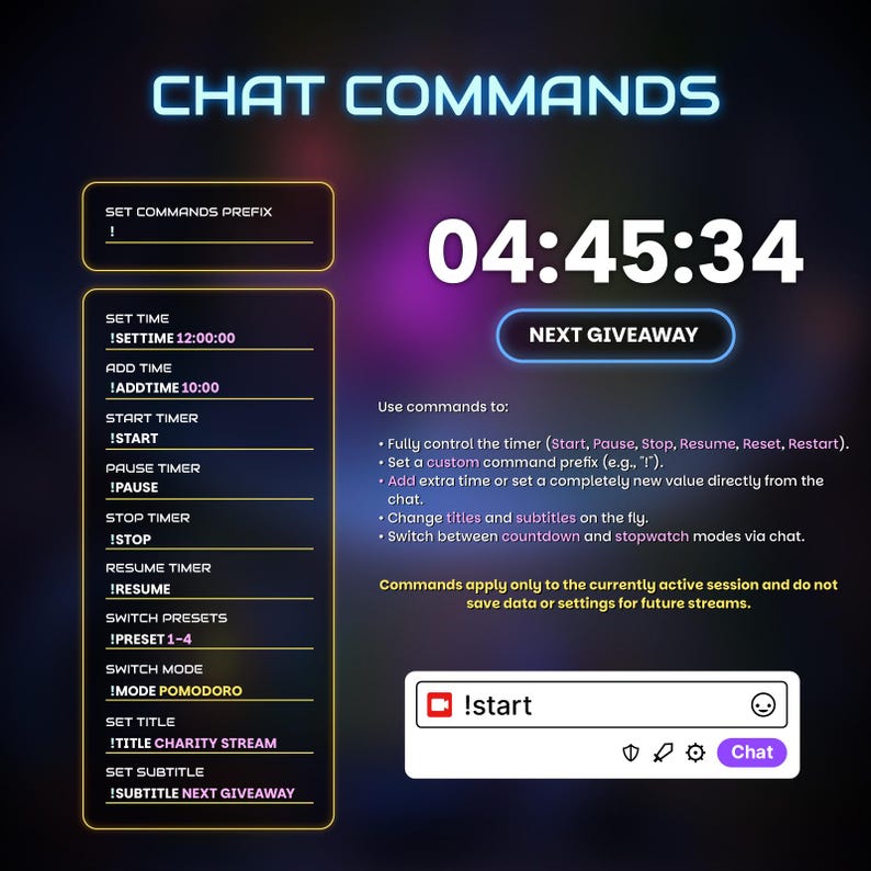 May include: A digital graphic with the text "CHAT COMMANDS" in neon blue. The image displays a timer showing 04:45:34, along with commands like !start, !pause, and !stop. It also includes instructions for use and a "NEXT GIVEAWAY" button.
