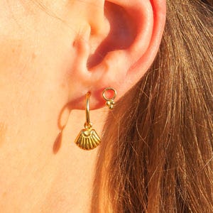 May include: Close-up of a person's ear with two gold earrings. One is a small hoop with a tiny gold ball, and the other is a gold seashell-shaped dangle earring. The person has long, light brown hair.