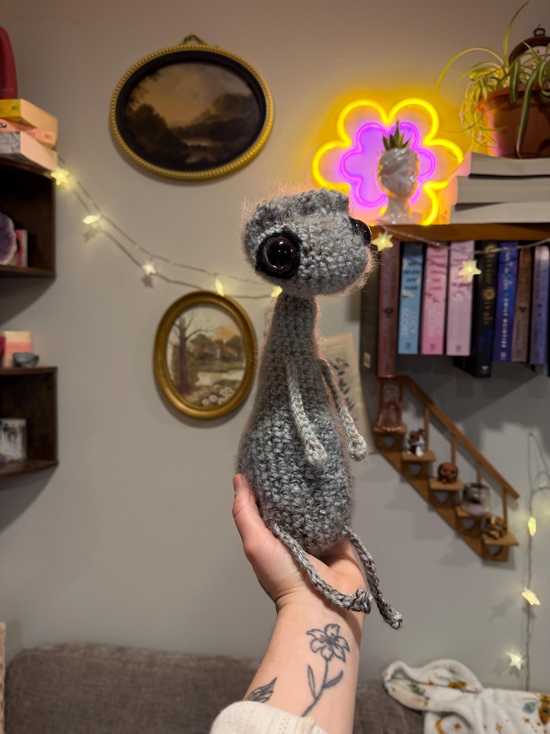 May include: A handmade gray crocheted doll with large black button eyes and a small head. The doll has a slender body and long, dangling legs. The doll is held in a hand.
