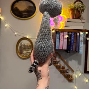 May include: A handmade gray crochet cat doll with a fluffy head and tail. The cat is held up in front of a wall with framed art and a shelf of books. The cat's tail has black and white stripes.