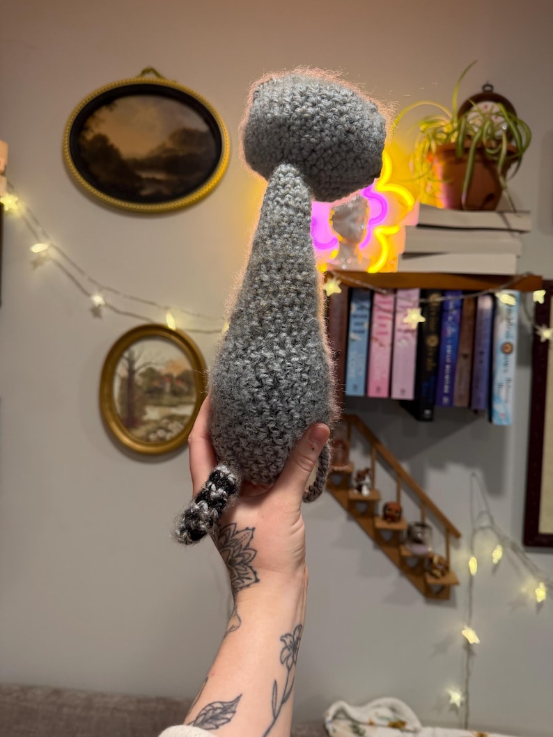 May include: A handmade gray crochet cat doll with a fluffy head and tail. The cat is held up in front of a wall with framed art and a shelf of books. The cat's tail has black and white stripes.