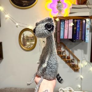 May include: A handmade grey crochet creature with large black eyes and a long neck. The whimsical amigurumi figure has small legs and a tail with black and white accents. The creature is held up by a person's hand.