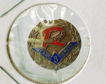 vintage Robertson’s Department Store 5 Year Service pin, métal émail pinback award lapel pin, South Bend Indiana, anniversaire prix bijoux
