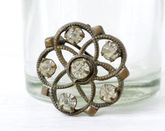 broche de cercle vintage, petites pierres de verre à facettes scintillantes claires, broche en strass en métal, étoile, cinq fleurs pétales, victorienne, édouardienne