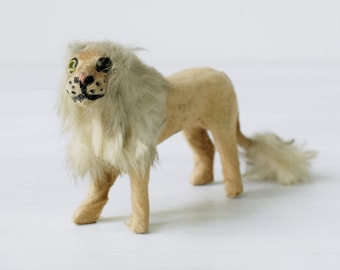 Antique lion toy figure, cloth with rabbit fur mane and glass eyes, made in Germany, paper label, early 20th century, velvet fabric figurine