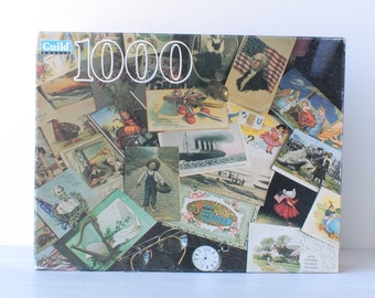 Vintage jigsaw puzzle, COMPLETE antique postcards 1,000 piece  Guild 1996, large picture puzzle, family game night, postcard collector gift