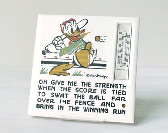 Vintage Donald Duck ceramic tile, baseball batter, Walt Disney, Kemper-Thomas Thermo Plaques, 1940s Disneyana, thermometer, sportsman prayer