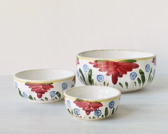 vintage stick spatterware faience nesting bowl set, Imperiale et Royale de Nimy, Belgique, éponge peinte à la main faïence florale art populaire art populaire