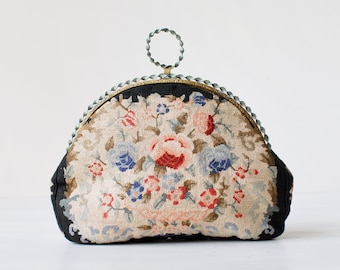 Vintage petit point purse, needlepoint handbag, clutch bag, verdigris, floral basket design, original silk lining, mirror, token holder