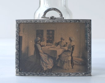 Antique Fred Thompson Pictures Oddities original photograph miniature, Colonial interior, women tea, hand colored, tinted, Wallace Nutting