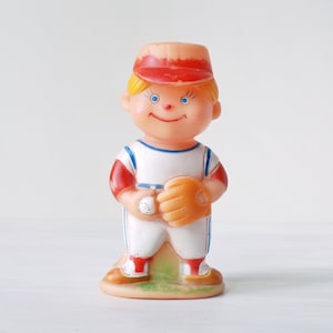 Vintage baseball player rubber squeaker toy, squeeze toy, cute blonde boy pitcher figure made in Taiwan, 1960s, sports, squeaky dog baby toy