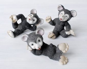 Vintage bear cub snow babies figurines, set of three 1920s 1930s style cartoon mice, Tennessee souvenir, black and white china, Japan, yoga