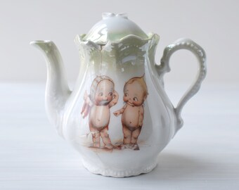 Antique Kewpie tea pot, child's porcelain tea set, vintage ceramic green & white lustreware, Rose O'Neill transferware, Luchtenburg, Germany