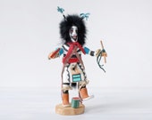 Vintage 8 quot kachina doll quot Watermelon Clown quot artist signed Hopi Koshari painted wooden figure, leather, fur, Native American Indian trickster