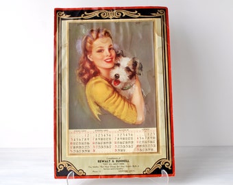 Vintage pin-up calendar, sweater girl, terrier dog, 1940s 1950s midcentury advertising calendar, Rewalt & Bunnell meat market, Hesperia Mich