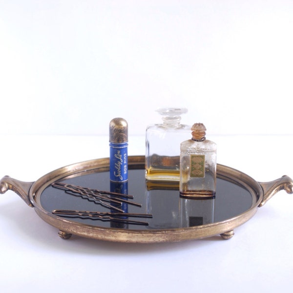 Vintage tray, black glass, brass vanity tray, round metal perfume tray, 1930s 1940s art deco pin tray, coin tray, jewelry, bathroom, bedroom