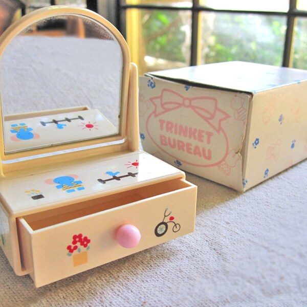 Sanrio Trinket Bureau, 1978 Fancy Friends Japanese dresser chest with drawer, tilting mirror, and original box