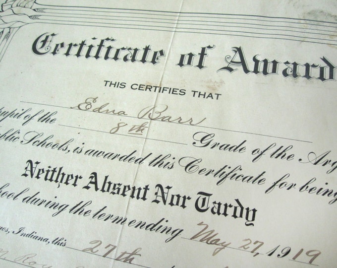 1919 Attendance Award Certificate, Argos Public Schools, Argos, Indiana