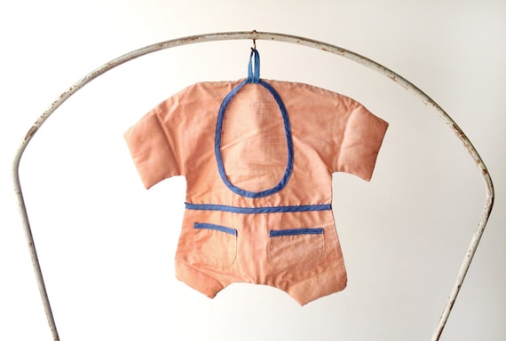 Vintage sewing bag and pincushion baby romper, baby clothes, doll outfit, pink peach and royal blue, handmade, sewing supplies, 1940s