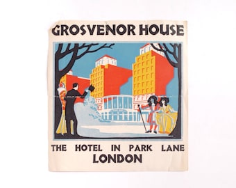 Vintage Grosvenor House hotel luggage label, original unused paper ephemera, 1930s, decal, sticker, baggage, London England UK, gummed