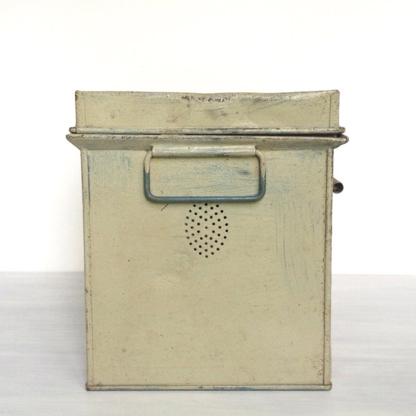 Kreamer bread box, tin lined with latch and vents, painted taupe, vintage 1940s country kitchen, rustic primitive tinware storage container