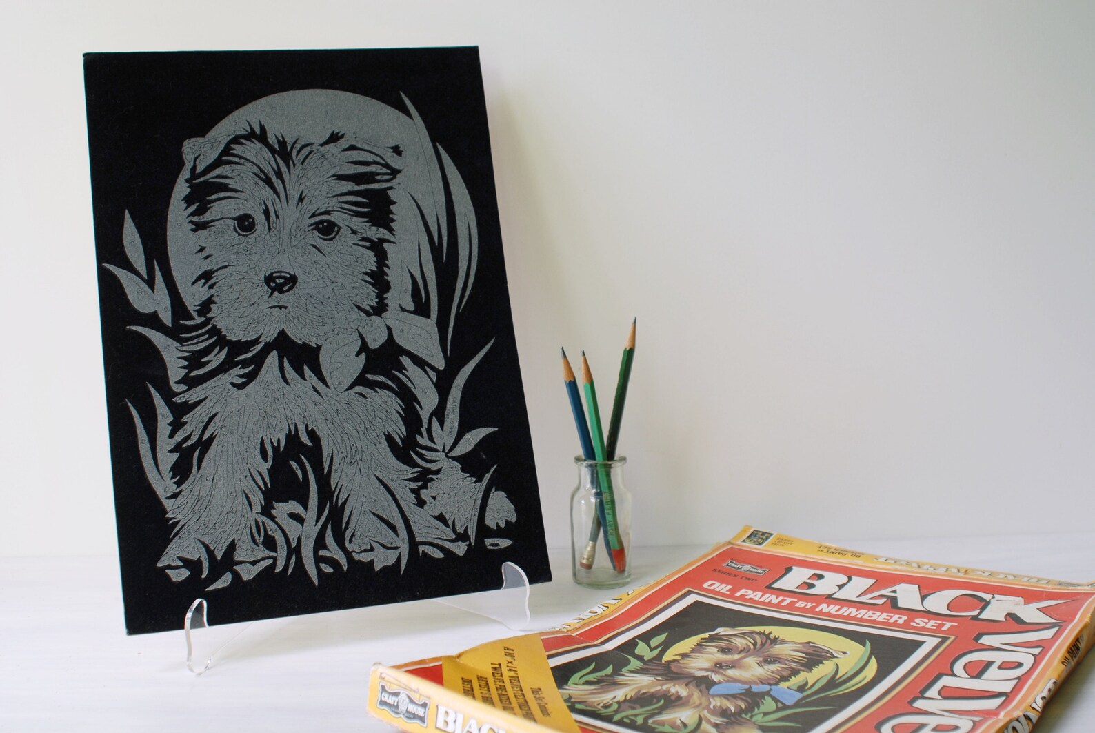 Vintage black velvet paint by number kit Norfolk Terrier dog Etsy