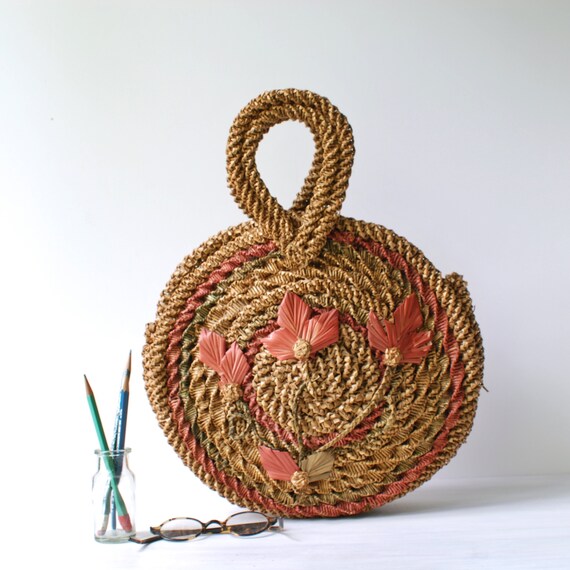 Vintage straw 12" round handbag, floral boho chic… - image 6