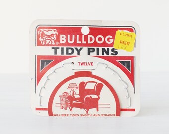 Vintage Bulldog Tidy Pins, art deco, fasteners, tidies, doilies, antimacassars, furniture covers, E.H. Tate Co., two pronged upholstery pins